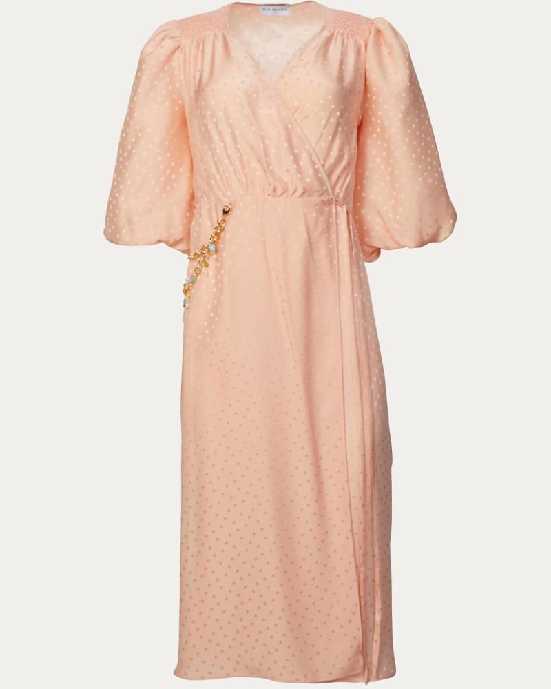 Front of a size L Midi Dress With Chain in Peach Jacquard in Peach Jacquard by Art dealer.. | dia_product_style_image_id:337747